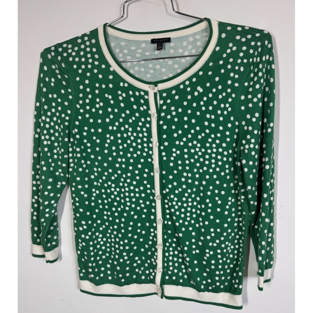 Talbots Lightweight Green Polka Dot Cardigan Sweater 3/4 Sleeve Women's L Preppy - Picture 2 of 8